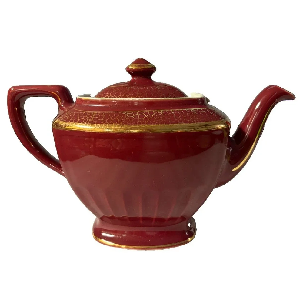 Vintage Hall China 0113 Hollywood Teapot Burgundy Gold Crackle 6 Cup USA